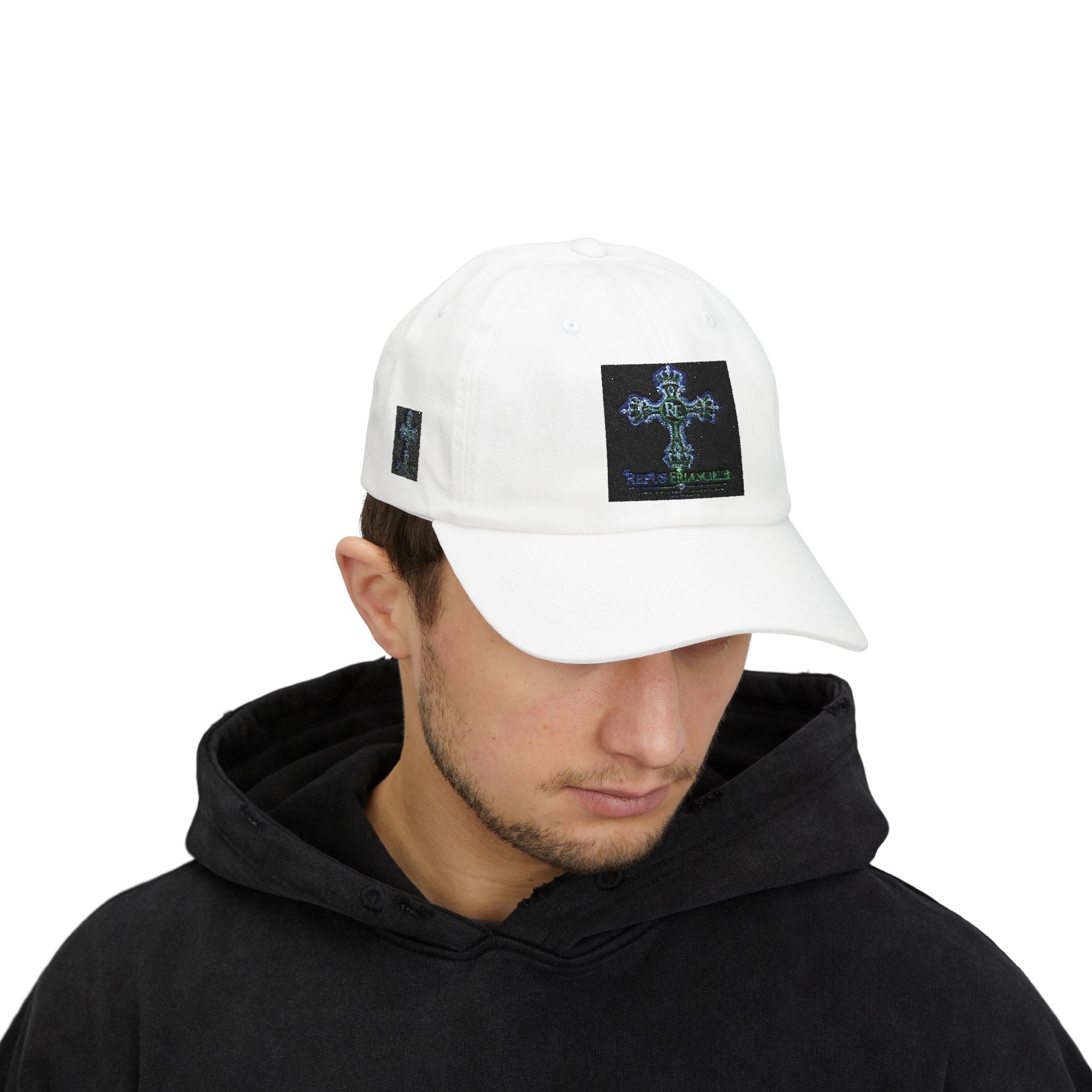 Embroidered Gothic Cross Dad Cap — Classic White Baseball Hat